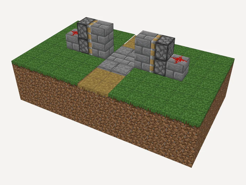 The finished 2x2 piston door between two stone brick walls, set into a block of grass