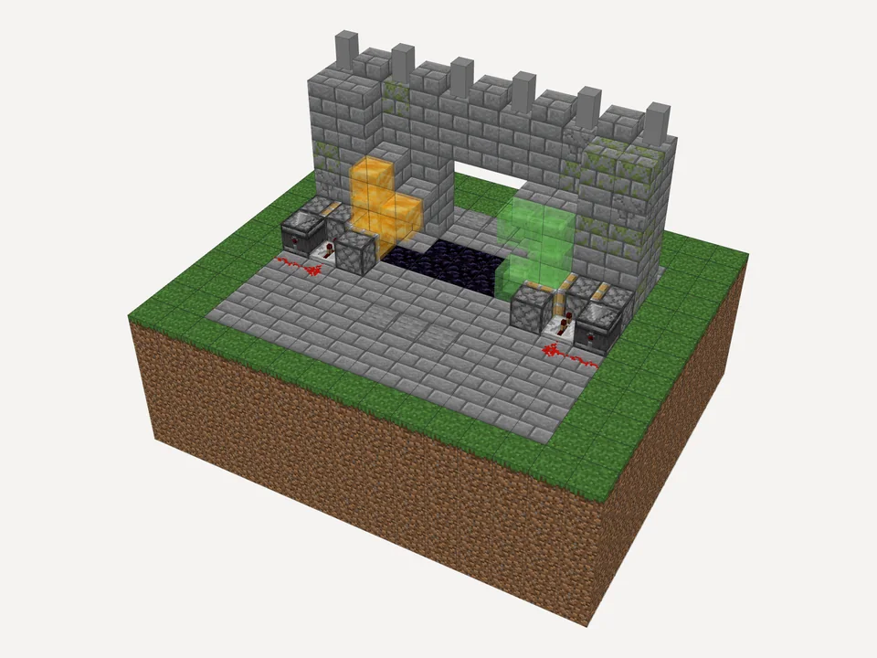 The finished 3x3 flush piston door, closed and level with a stone brick wall