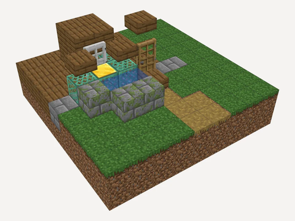 The finished airlock door: an oak front door, three water-filled copper grates with a boat inside and a pressure plate, a stone brick and spruce cottage wall