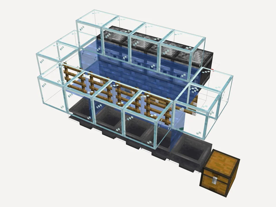 The finished kelp farm: observers on pistons behind a row of kelp, glass and ladders in front, hoppers leading to a chest
