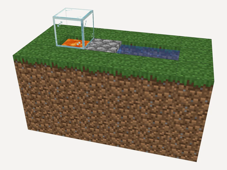 The finished cobblestone generator: lava under glass, a cobblestone block, water running into a hole, set into the grass