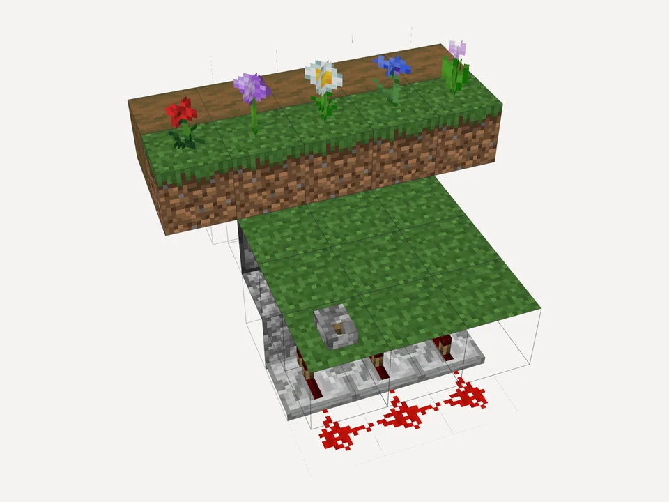 The hidden staircase: four stone brick steps under a garden path, sticky pistons and redstone torches beside them under a flower bed