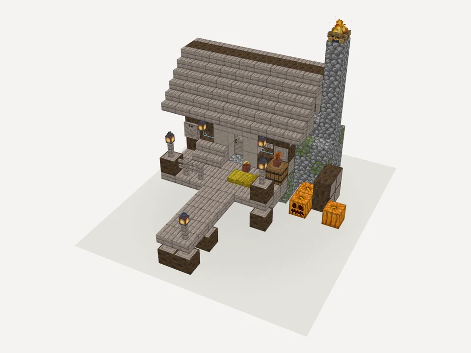 The finished poplar log cabin with a porch, lanterns, pumpkins and a cobblestone chimney
