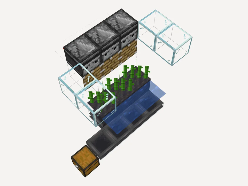 The finished automatic sugar cane farm: observers and pistons above the cane, water and hoppers below, leading to a chest