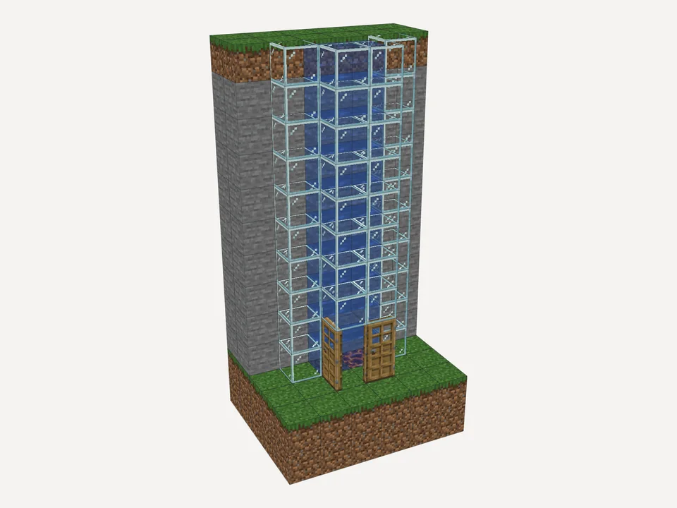 The finished water elevator: two glass shafts with bubbles against a stone cliff, a door at the bottom of each