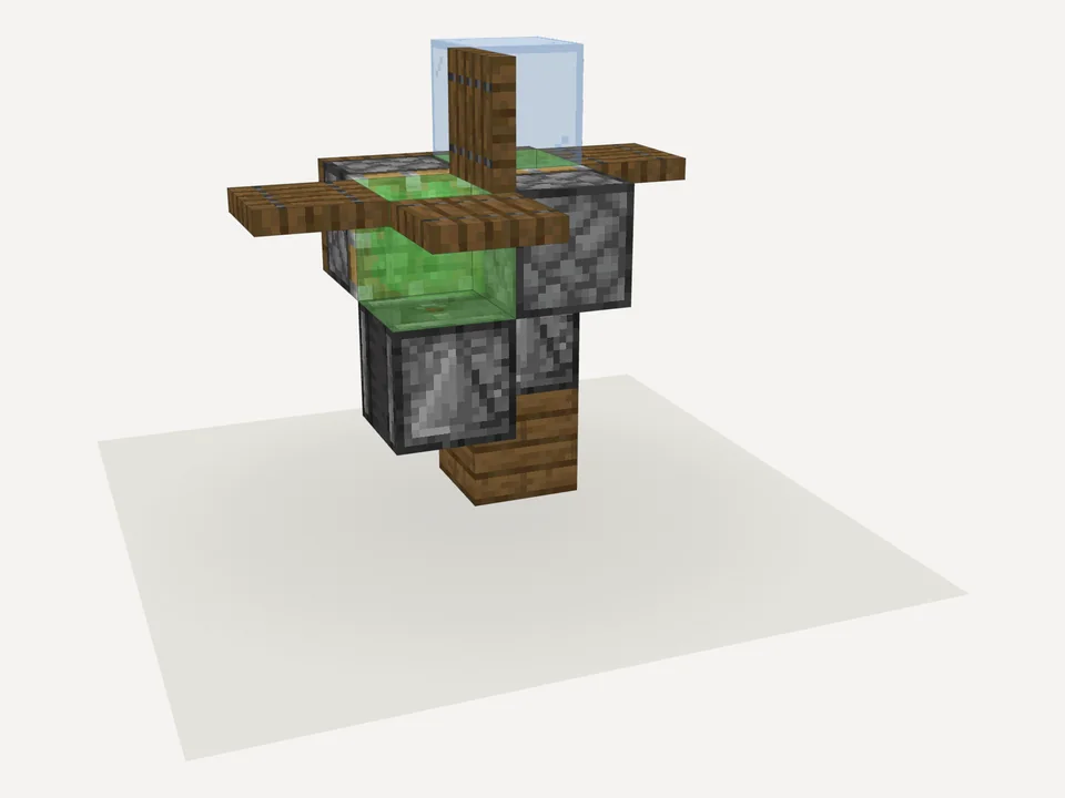 The finished working plane: slime blocks, observers and pistons with spruce trapdoor wings and a glass cockpit, flying over a lake